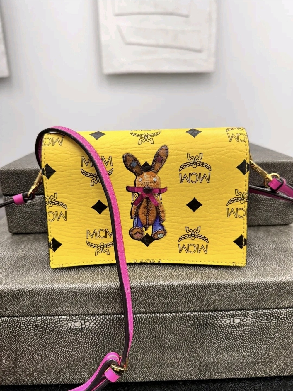 MCM Yellow Logo Bunny Mini Crossbody with Pink Strap